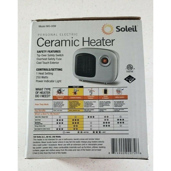 Soleil Personal Ceramic Mini Heater 250W Indoor White Desktop Model MH-08W NEW - Picture 2 of 7